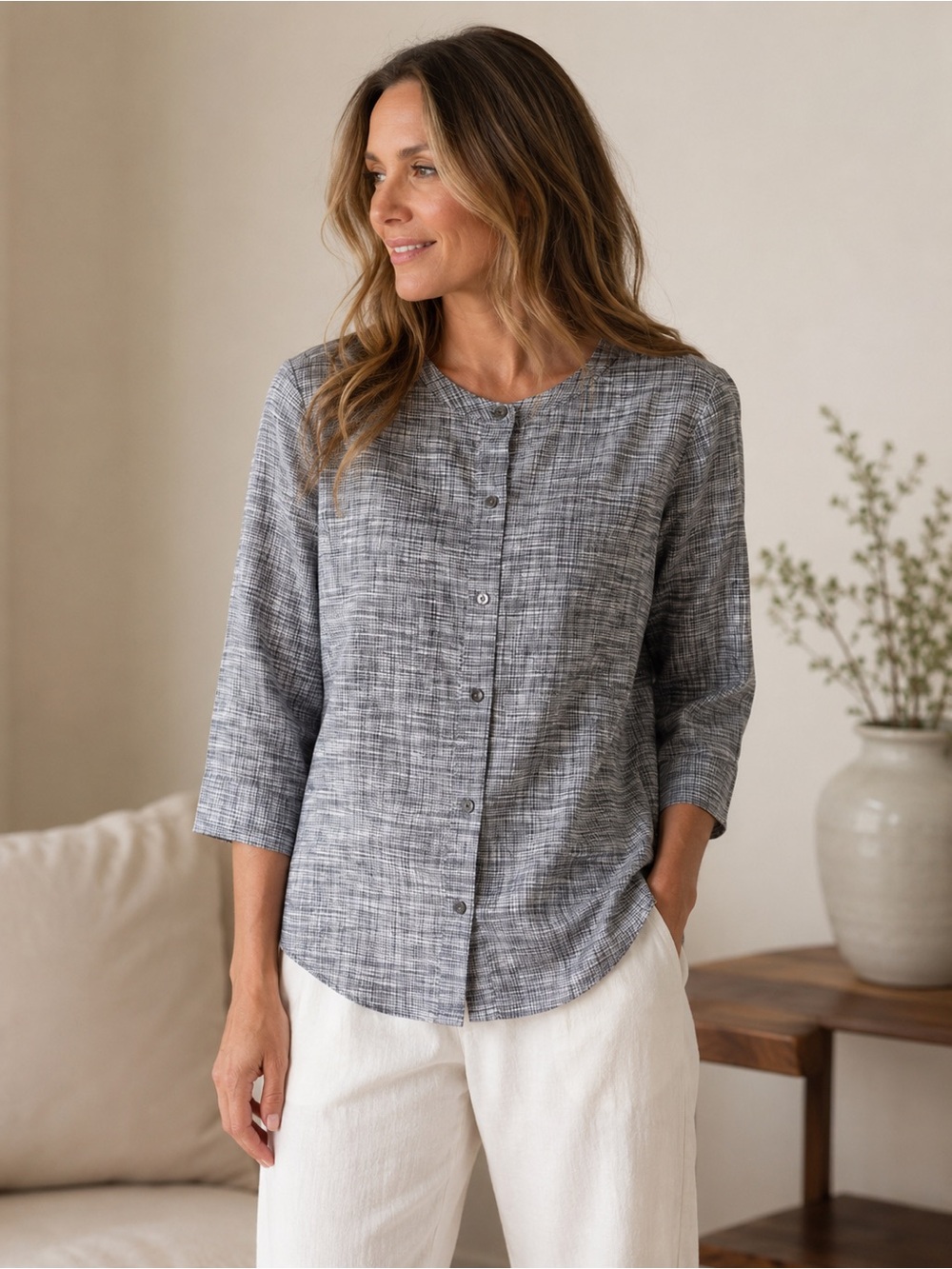Theory Kalsentra Linen Blend Button Front Top M